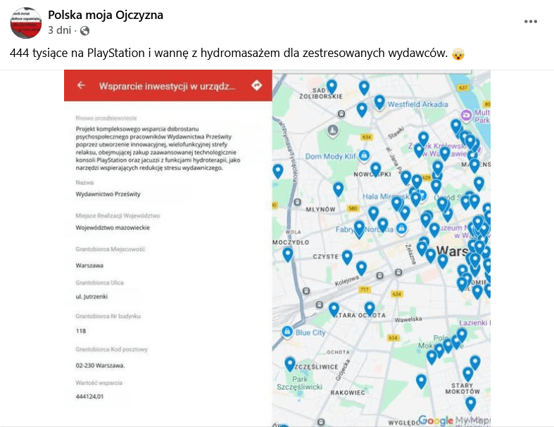 Zrzut ekranu przedstawiający wpis na Facebooku. Na górze podpis i elementy intefejsu platformy, na dole grafika przedstawiająca mapę i stronę KPO.