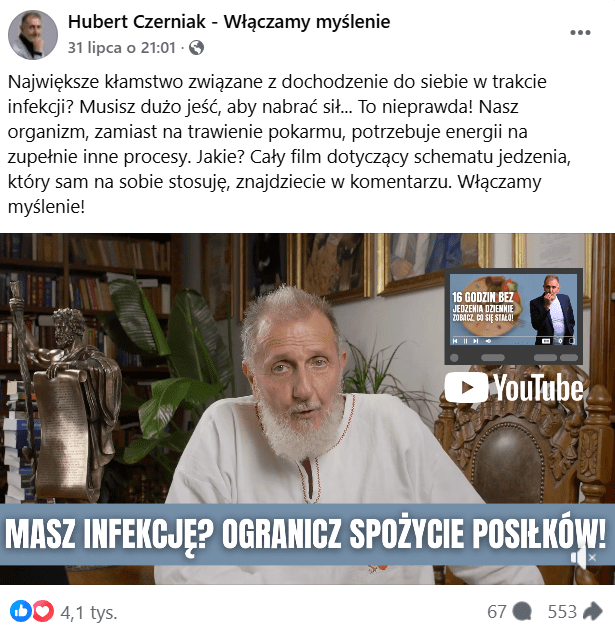 Zrzut ekranu wpisu na Facebooku, w którym Hubert Czerniak rekomendował ograniczenie spożycia posiłków w czasie infekcji. Na zrzucie ekranu widać mężczyznę siedzącego w gabinecie; w tyle widać półkę z książkami oraz kilka obrazów i roślin. 