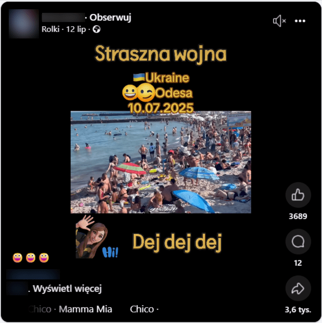 rolka na Facebooku przedstawiająca plaże w Odessie pełne ludzi. Na rolce podpis „straszna wojna” 