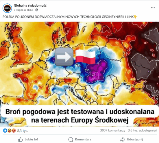 Zrzut wpisu na Facebooku. Mapa Europy z oznaczeniami temperatur: Polska i Europa Środkowa w odcieniach fioletu i niebieskiego (niższe temperatury), reszta kontynentu w pomarańczach, czerwieniach i brązach (wyższe temperatury). Na dole pojawia się napis „Broń pogodowa jest testowana i udoskonalana na terenach Europy Środkowej”.