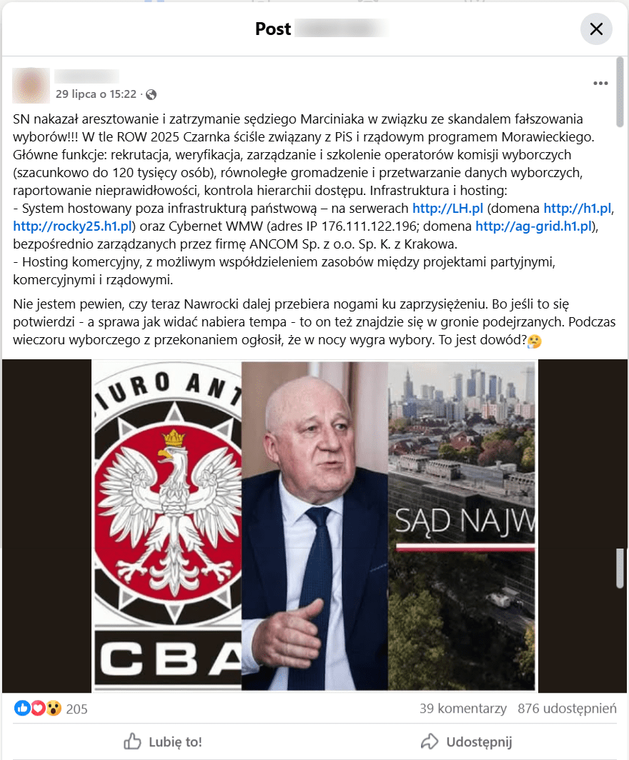 Post na Facebooku mówiący o rzekomym nakazie aresztowania wydanym przez Sąd Najwyższy na szefa Państwowej Komisji Wyborczej Sylwestra Marciniaka. 