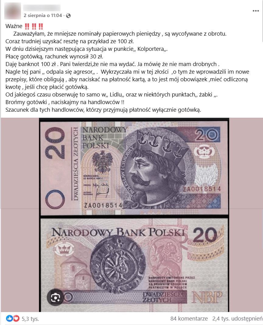 post na Facebooku opisujący problemy z dostępem do gotówki. Do wpisu załączono zdjęcie banknotu dwudziestozłotowego.
