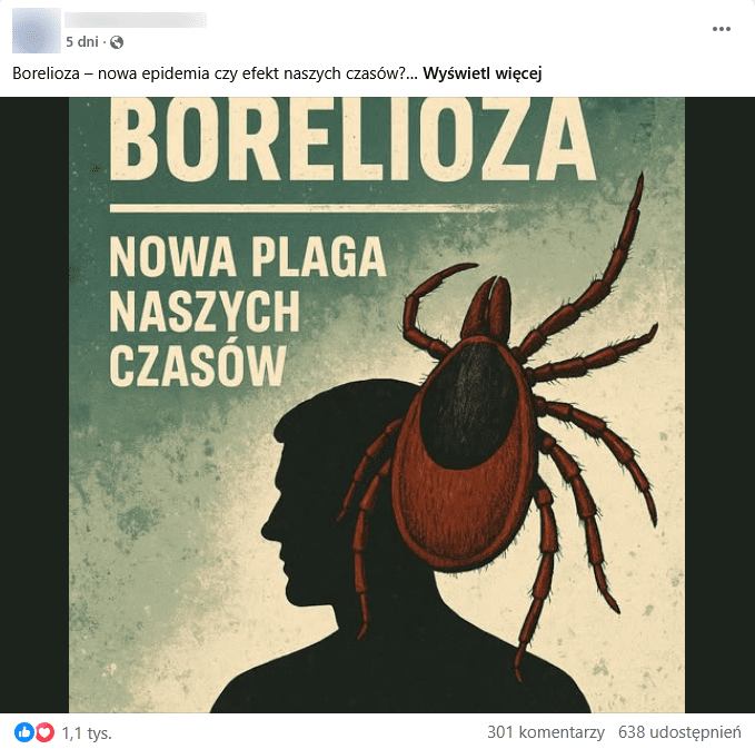 Zrzut ekranu wpisu na Facebooku. Na górze fragment podpisu i elementy interfejsu platformy, na dole grafika przedstawiająca kleszcza.
