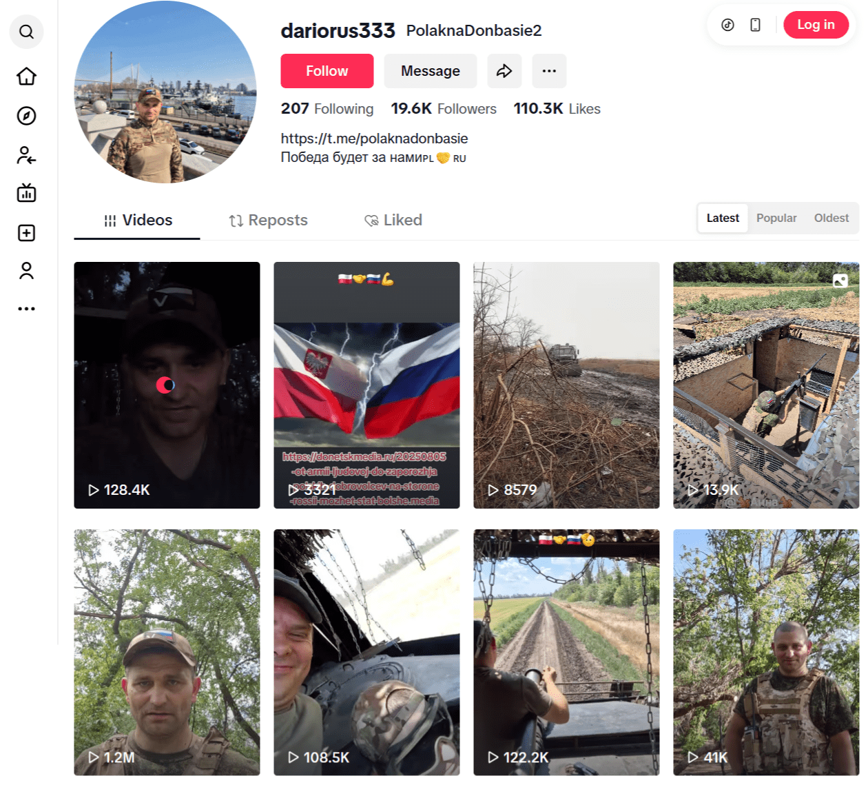 Zrzut ekranu ze zarchiwizowanej platformy TikTok, gdzie widać profil Polaka na Donbasie.