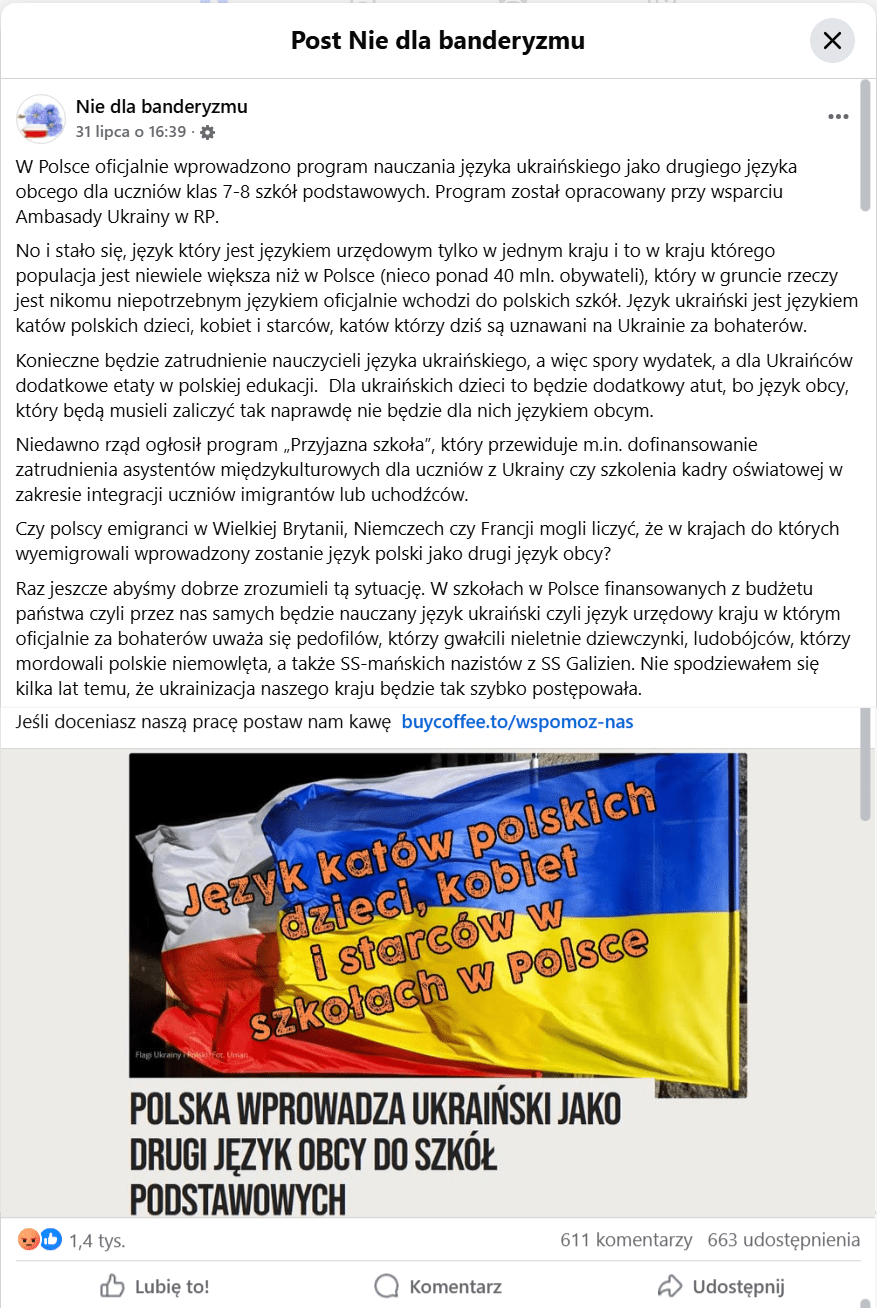 zrzut ekranu posta na Facebooku omawiającego rzekome plany wprowadzenia ukraińskiego jako drugiego języka obcego do szkół. Do wpisu załączony zrzut ekranu z artykułu z portalu kresy.pl, na zdjęciu flaga ukraińska i polska
