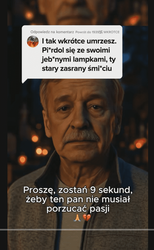 zrzut ekranu z filmu na tiktoku. Maszynowo wygenerowany obraz smutnego starszego mężczyzny i podpis