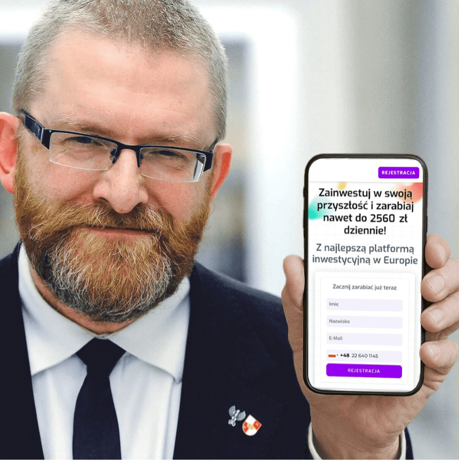 Zrzut ekranu ze strony imitującej portal gazeta.pl, gdzie widać Grzegorza Brauna trzymającego telefon. 