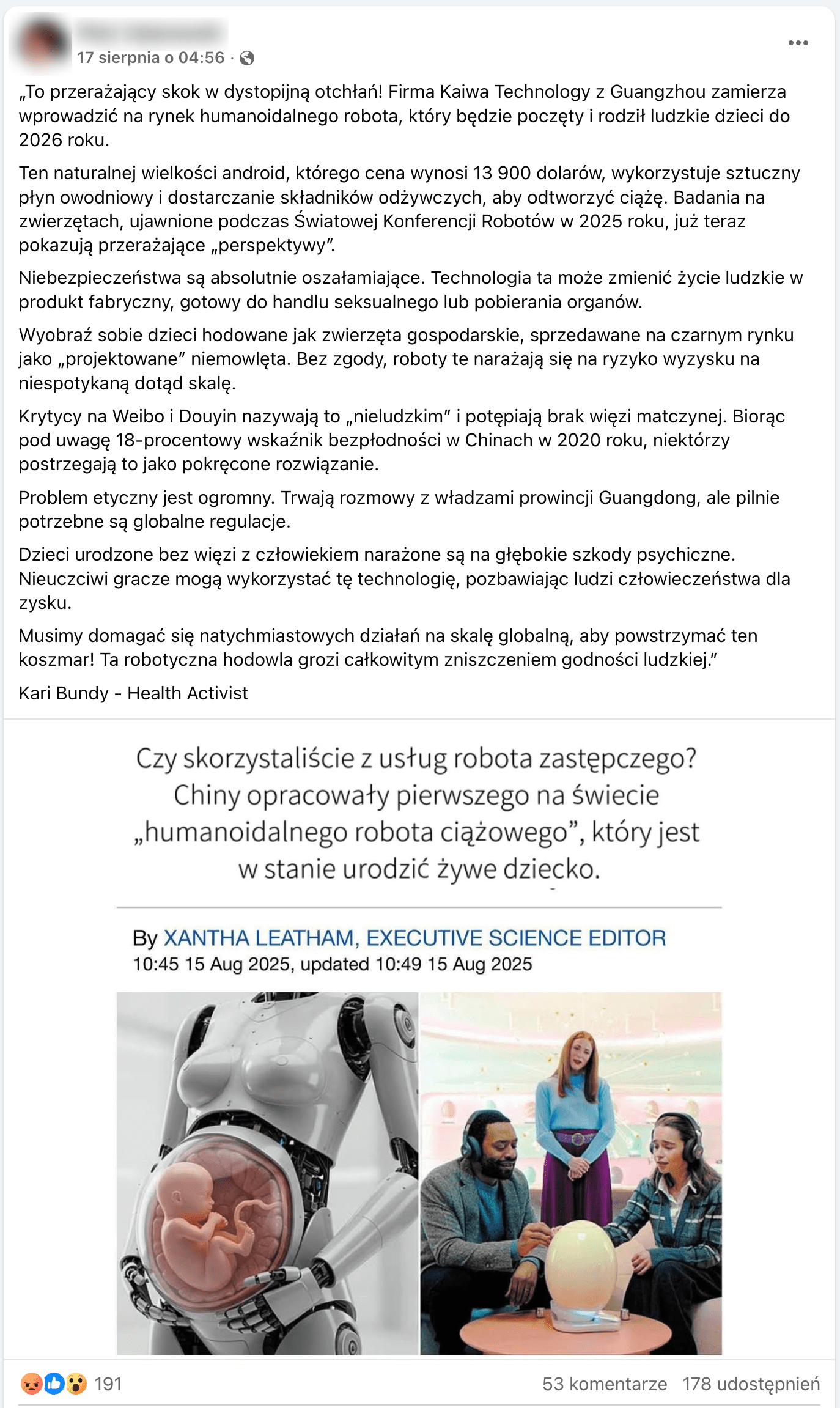 Zrzut ekranu jednego z omawianych postów. Dołączono do niego ilustrację przedstawiającą robota z przezroczystym brzuchem, w którym jest plastikowa lalka w kształcie płodu. 