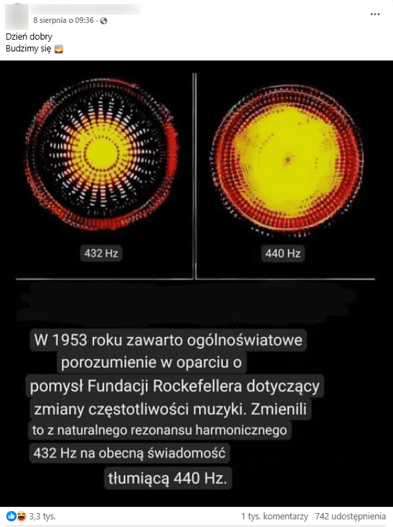 Zrzut ekranu z platformy Facebook, gdzie widnieje rzekomo zobrazowana różnica między częstotliwością muzyki. 