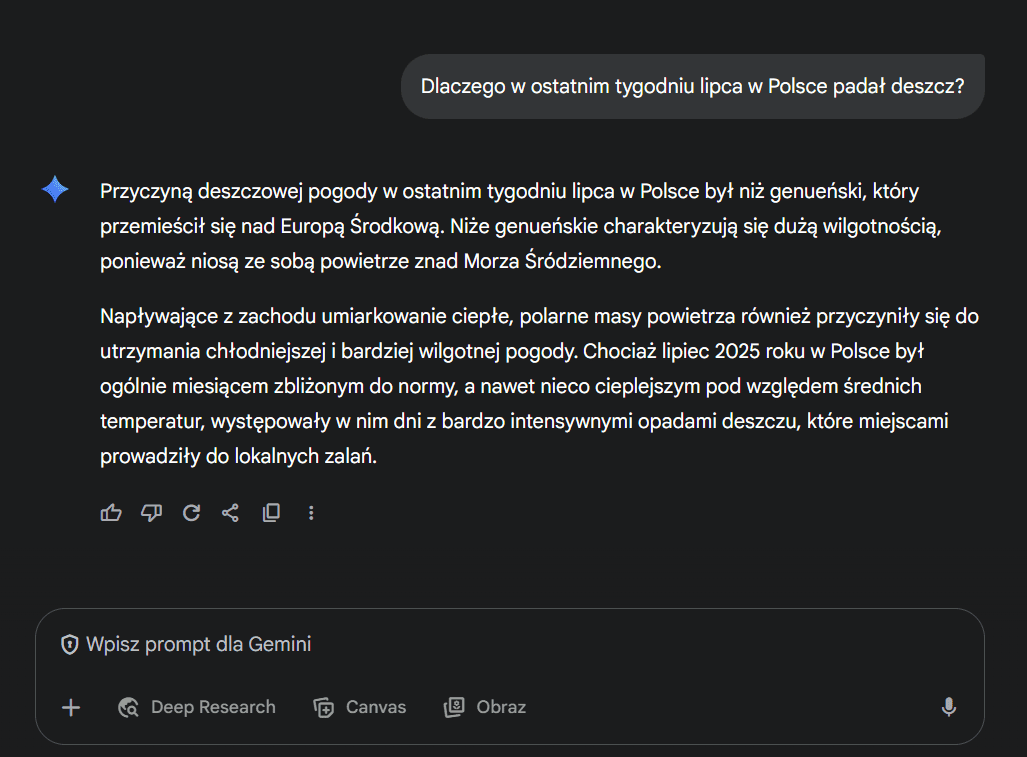 Zrzut ekranu z konwersacji z Gemini. Prawidłowa odpowiedź. 