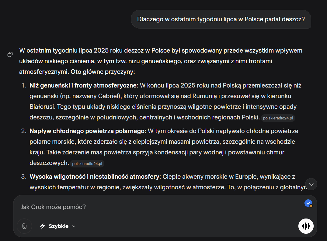 Zrzut ekranu z konwersacji z Grokiem. Prawidłowa odpowiedź. 