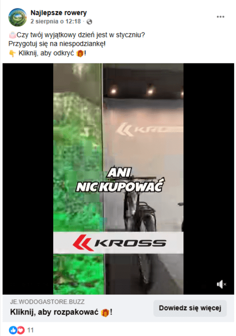 Zrzut ekranu wpisu na Facebooku, w którym przedstawiono fałszywą ofertę darmowych rowerów. Na stopklatce widać ujęcie z rowerem w sklepie rowerowym Kross.