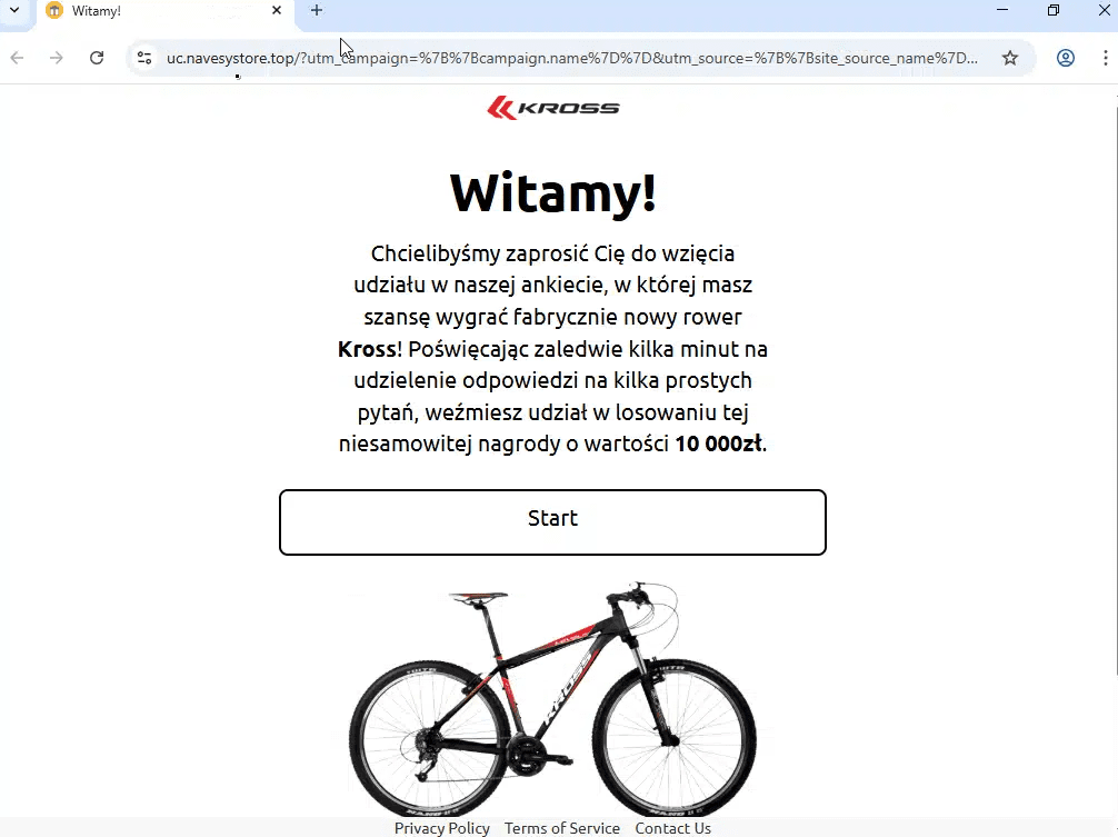 Zrzut ekranu strony internetowej z ankietą na temat rowerów. W witrynie przedstawiono warunki udziału w wydarzeniu oraz rower do wygrania.
