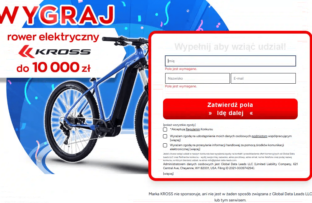 Zrzut ekranu z kolejnej ankiety na stronie. W tle widać kolejny model niebieskiego roweru – tym razem to pojazd elektryczny.