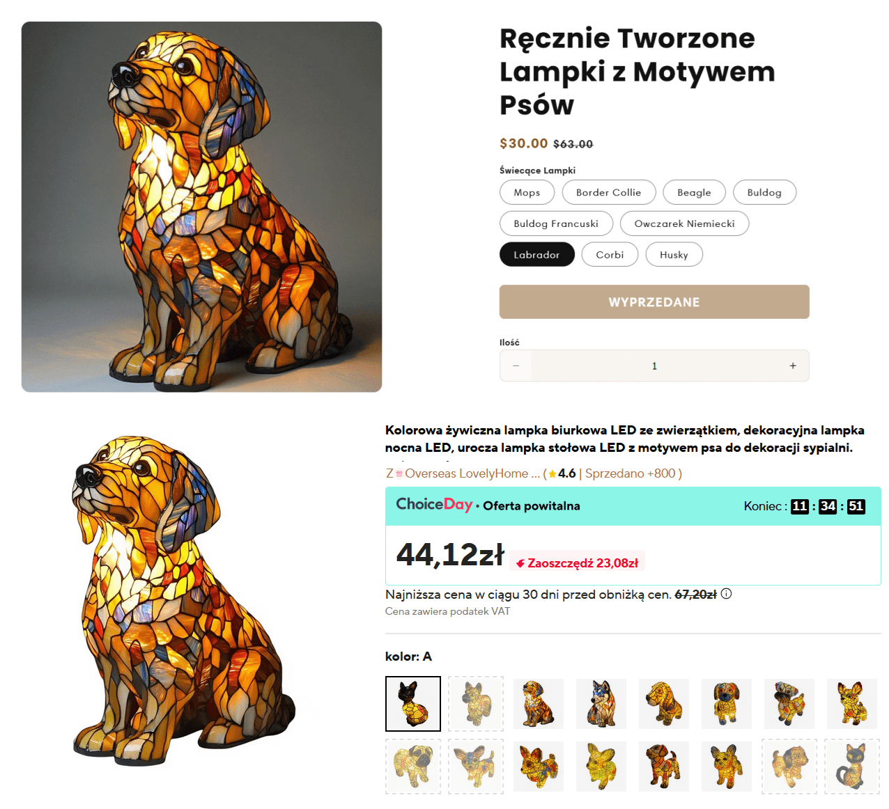 Grafika przedstawiająca dwa zrzuty ekranu ze sklepów internetowych. Lampa w kształcie labradora w ofercie sklepu piesiolampki.shop i AliExpress.