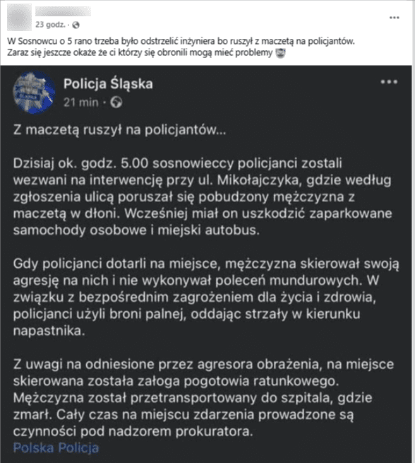 Zrzut ekranu z platformy Facebook, gdzie widać obraźliwy w stronę cudzoziemców wpis oraz screena pochodzącego z mediów społecznościowych Policji Śląskiej. / Źródło: Facebook.com, 01.08.2025