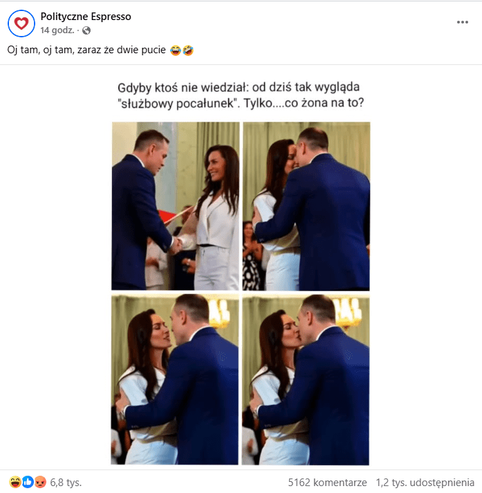 Wpis na Facebooku ze zdjęciami Karola Nawrockiego ponoć całującego Magdalenę Hajduk po wręczeniu nominacji