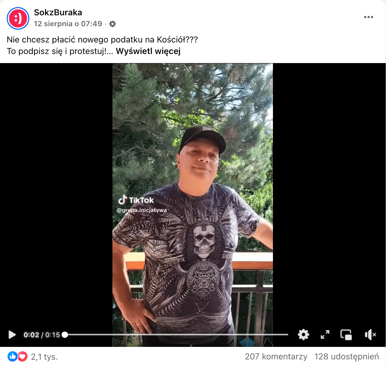 Zrzut ekranu przedstawiający wpis opublikowany na Facebooku. Do wpisu dołączono nagranie konta grupa.inicjatywa z TikToka. Na zatrzymanym na zrzucie ekranu kadrze widać Krzysztofa Skibę.