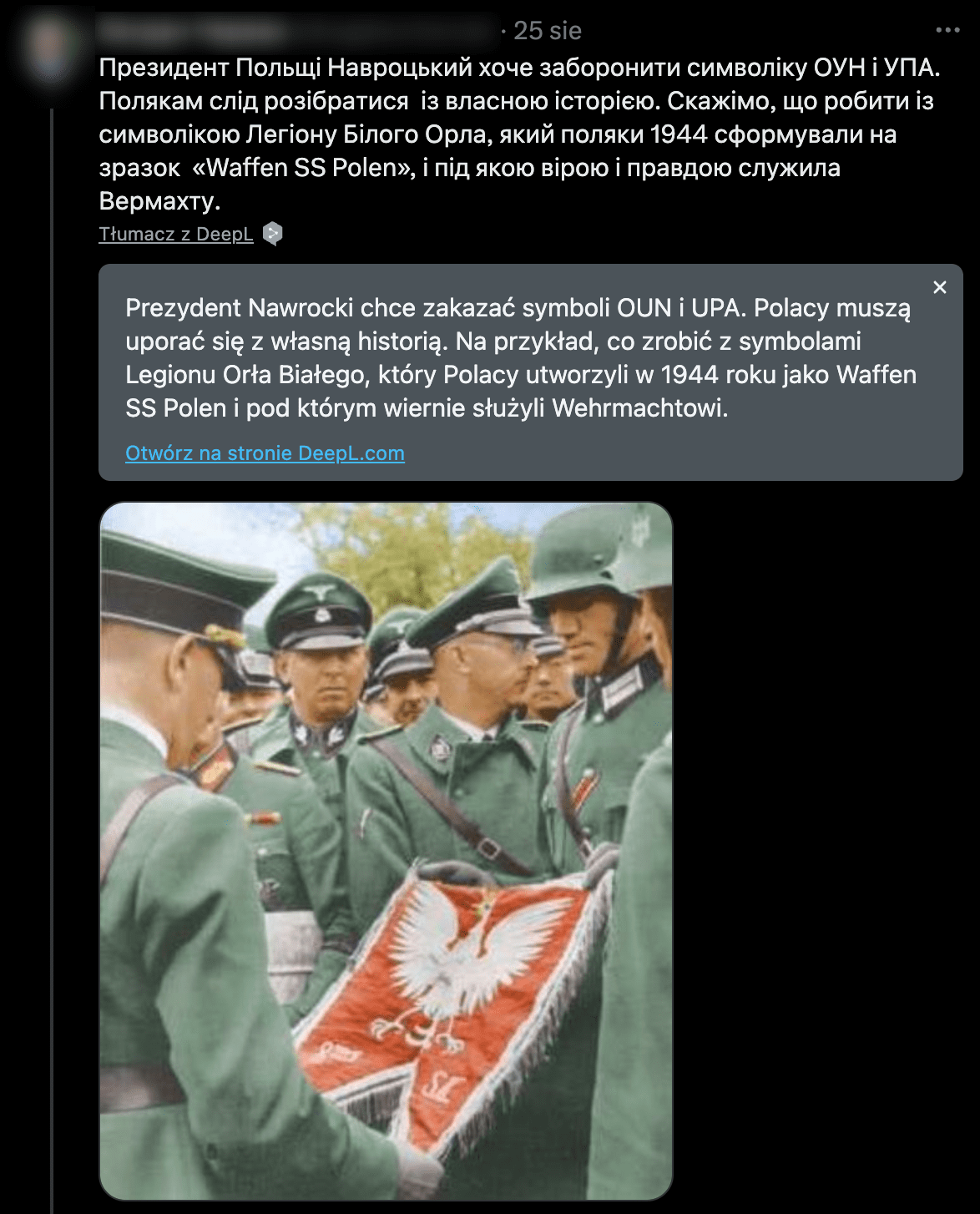 Zrzut ekranu posta na X. Dołączono do niego kolorowe zdjęcie z czasów II wojny światowej. Przedstawia niemieckich żołnierzy w mundurach prezentujących chorągiew z białym orłem.