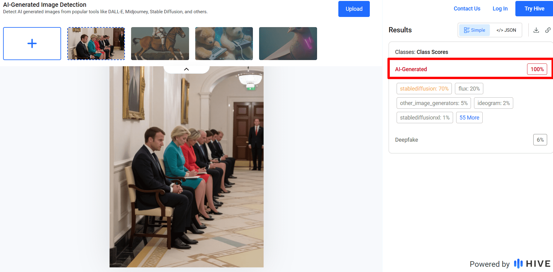 Analiza fotografii z przywódcami siedzącymi na krzesłach. Wynik wskazuje 100 proc. pewność, że to dzieło AI