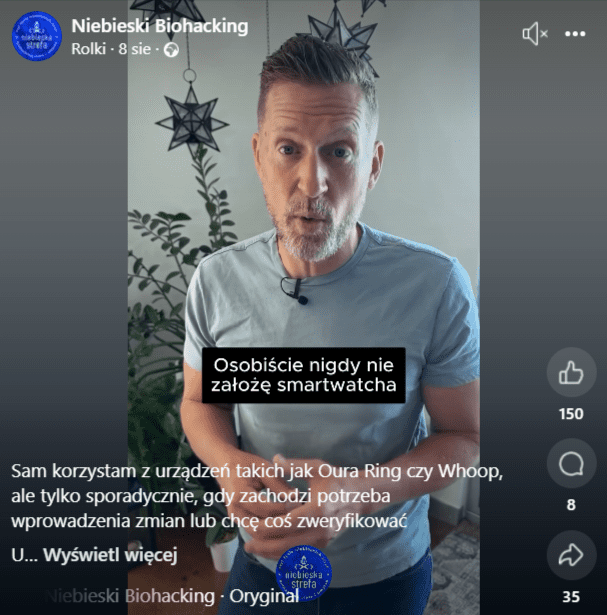 Zrzut ekranu nagrania opublikowanego na Facebooku – na stopklatce widać pomieszczenie oraz mężczyznę, który opowiada o negatywnym działaniu inteligentnych zegarków.