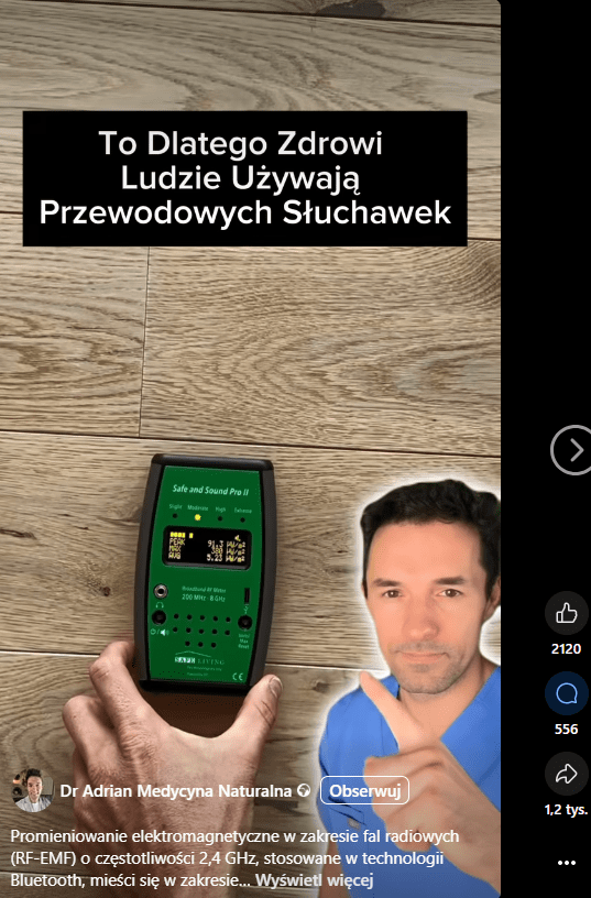 Wpis na Facebooku z nagraniem. W kadrze widać mężczyznę pokazującego palcem na miernik promieniowania elektromagnetycznego leżący na stole