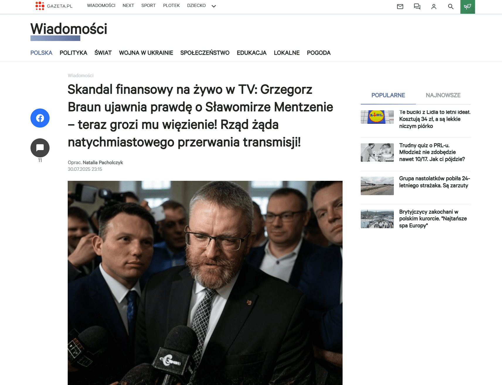Zrzut ekranu ze strony imitującej portal gazeta.pl, gdzie widać Grzegorza Brauna i Sławomira Mentzena. 