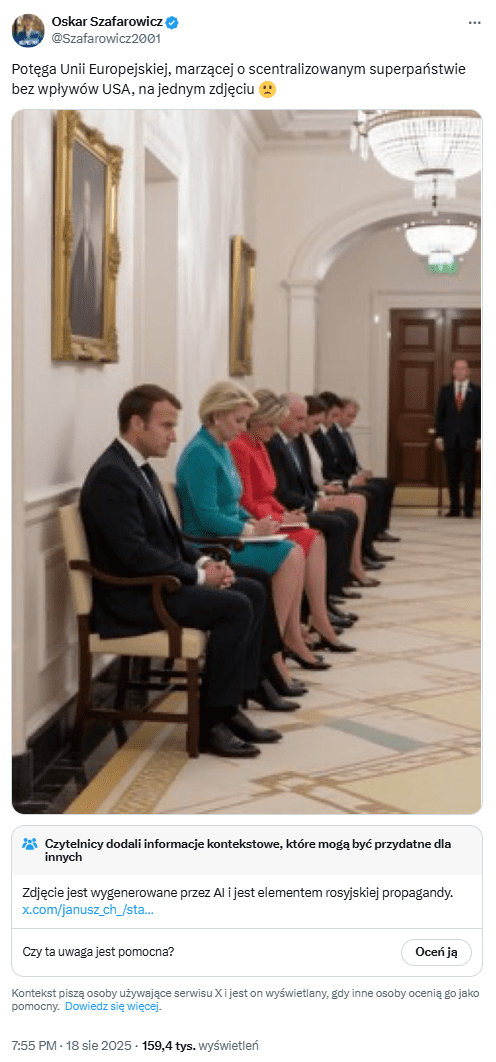 Wpis na portalu X Oskara Szafarowicza. Na dołączonym zdjęciu widać rzekomo europejskich przywódców siedzących na krzesłach w Białym Domu