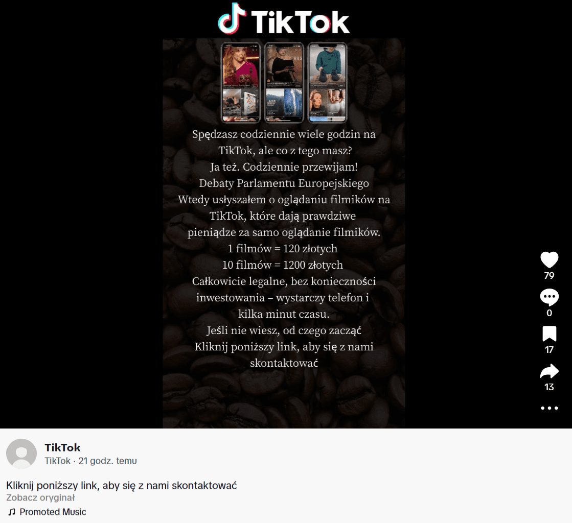 Zrzut ekranu z platformy TikTok, gdzie pojawia się fałszywa propozycja pracy dla platformy. Źródło: TikTok.com, 26.08.2025