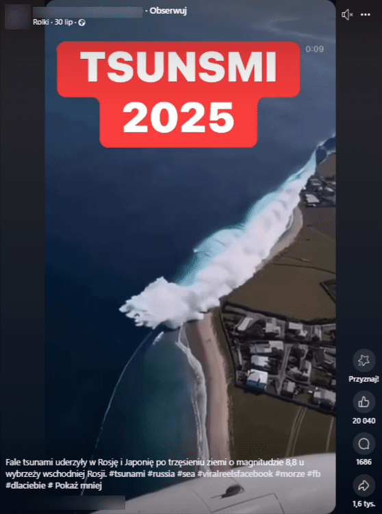 Zrzut ekranu z platformy Facebook, gdzie pojawiło się wygenerowane przez AI nagranie z rzekomego tsunami. 