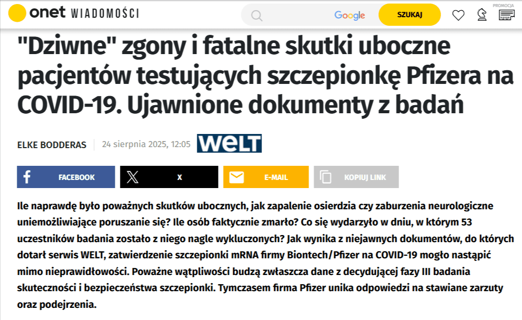 Zrzut ekranu z artykułu na stronie Onet.pl pt. „»Dziwne « zgony i fatalne skutki uboczne pacjentów testujących szczepionkę Pfizera na COVID-19. Ujawnione dokumenty z badań”.
