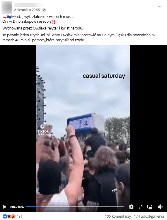Zrzut ekranu z platformy Facebook, gdzie pojawia się fragment wideo z festiwalu. Widać na nim ludzi dewastujących przenośną toaletę marki Toi-Toi. 