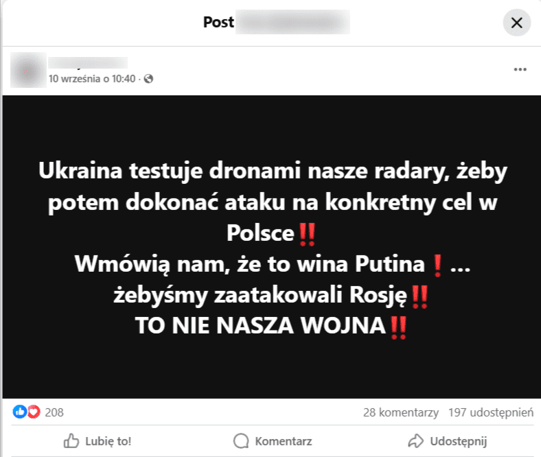 скріншот допису у Facebook, в якому Україну звинувачують у дронових атаках на Польщу
