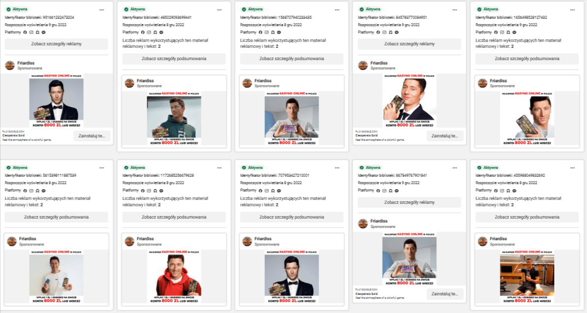  Kolaż fałszywych reklam internetowych, w których wizerunek Roberta Lewandowskiego jest użyty do promocji kasyna online. Kolaż fałszywych reklam internetowych, w których wizerunek Roberta Lewandowskiego jest użyty do promocji kasyna online. 