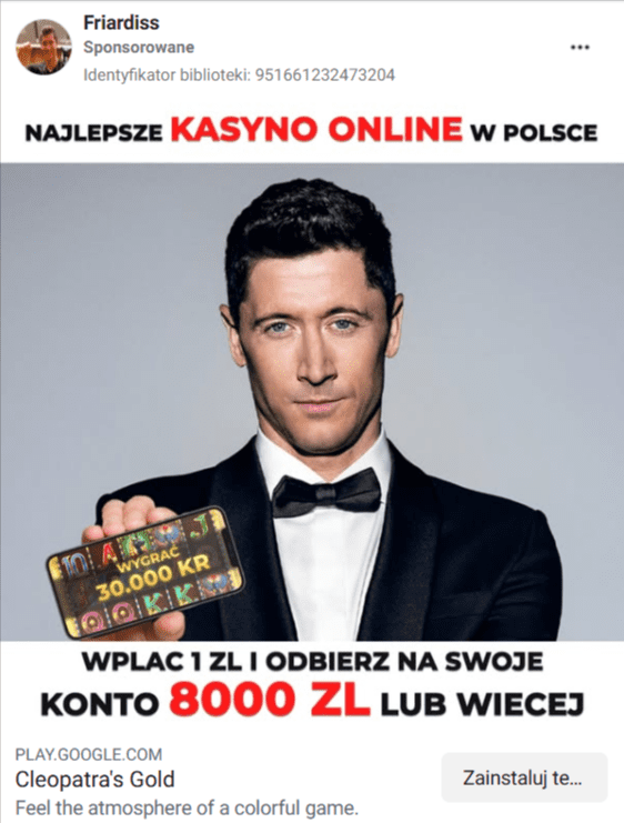 Zmanipulowana grafika z Robertem Lewandowskim, który rzekomo reklamuje kasyno online.