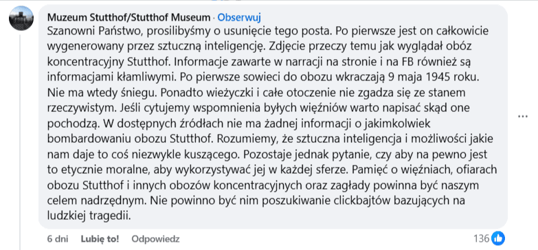 Zrzut ekranu komentarza z platformy Facebook, gdzie Muzeum Stutthof tłumaczy, że grafika jest wygenerowana za pomocą narzędzi AI.