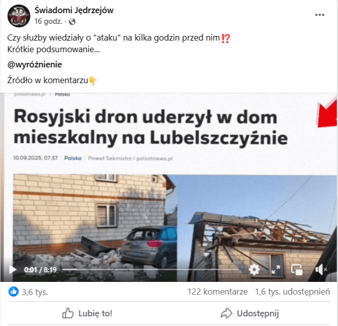 zrzut ekranu filmu z Facebooka, w którym jest mowa o tym, że służby rzekomo wiedziały wcześniej o ataku dronów
