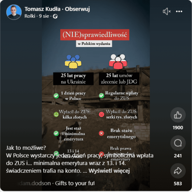 скріншот ролика на Facebook. Відео містить порівняння умов виплати пенсій для поляків та українців.