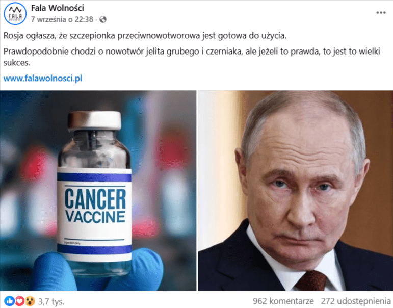 Zrzut ekranu z wpisu na Facebooku, w którym zapowiedziano nową rosyjską szczepionkę. Do materiału dołączono dwie grafiki: jedną fiolkę ze szczepionką i zdjęcie Władimira Putina.