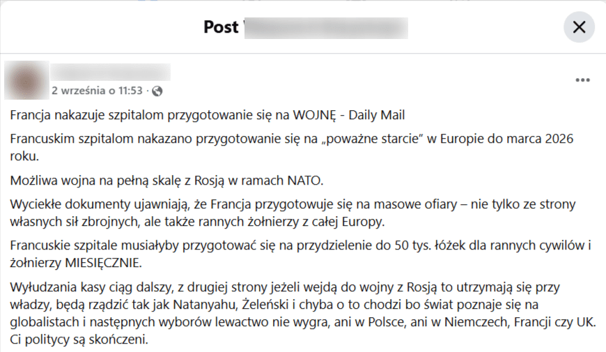 zrzut ekranu posta na Facebooku, w którym czytamy, że Francja przygotowuje się do wojny