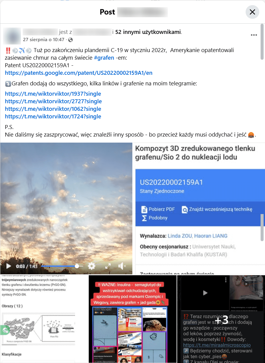 post na Facebooku opisujący patent na zasiewanie chmur grafenem. Do wpisu załączono zdjęcia pokazujące przykłady zastosowania grafenu w różnych 