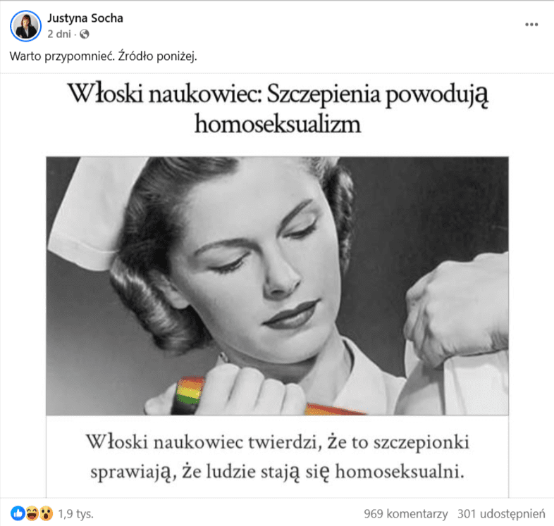 Czarno-białe zdjęcie pielęgniarki trzymającej strzykawkę z tęczową zawartością i napis o szczepionkach i homoseksualizmie.