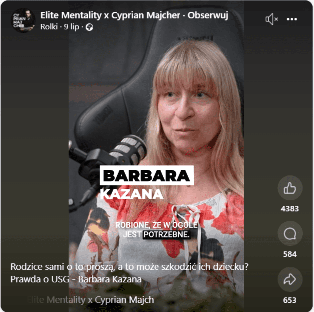 zrzut ekranu rolki z Facebooka, na której Barbara Kazana wypowiada się negatywnie o USG