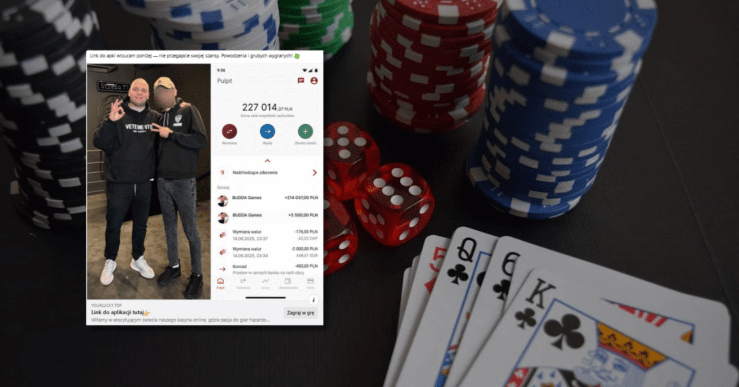 Zrzut ekranu posta na Facebooku. Dołączono do niego zrzut ekranu z konta bankowego, na którym widać rzekome wpłaty od „BUDDA Games”. Dołączono również zdjęcie influencera Buddy oraz mężczyzny w czarnej bluzie i jasnej czapce z daszkiem.