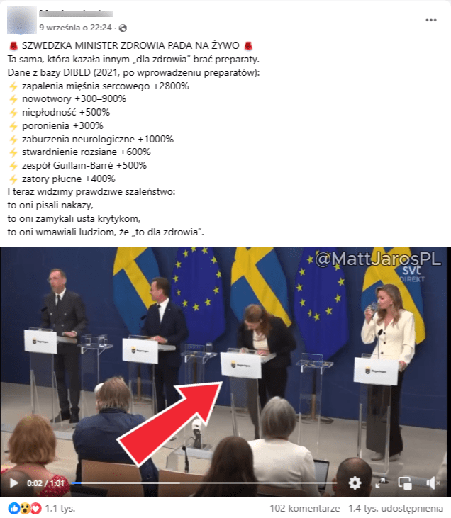 zrzut ekranu rolki na Facebooku, w której szwedzka minister zdrowia upada podczas konferencji prasowej
