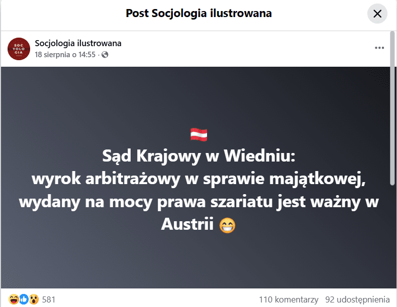 Zrzut ekranu posta z Facebooka. Na grafice tekst informujący, że sąd w Wiedniu uznał ważność wyroku wydanego na mocy prawa szariatu.