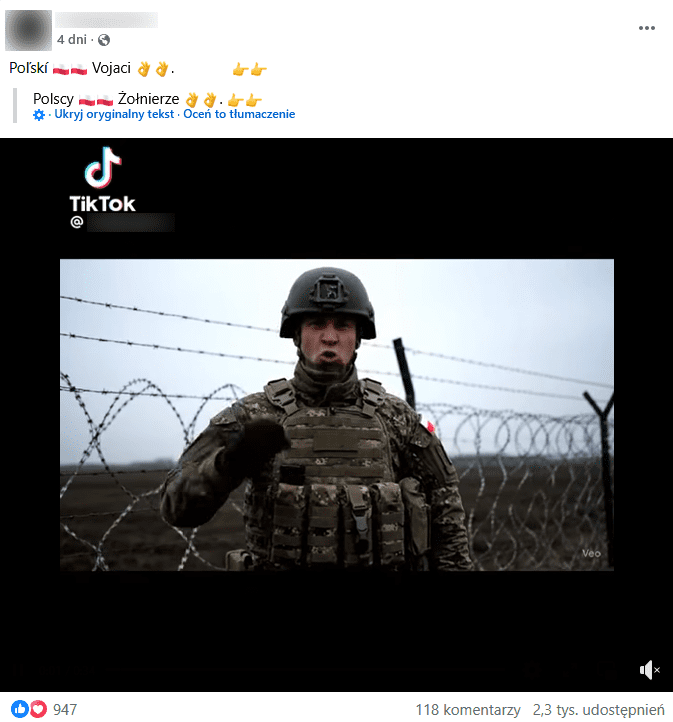 Zrzut ekranu wpisu na Facebooku. Na górze podpis i elementy interfejsu platformy, na dole klatka z nagrania przedstawiająca wygenerowany AI obraz żołnierza z polską flagą na ramieniu.