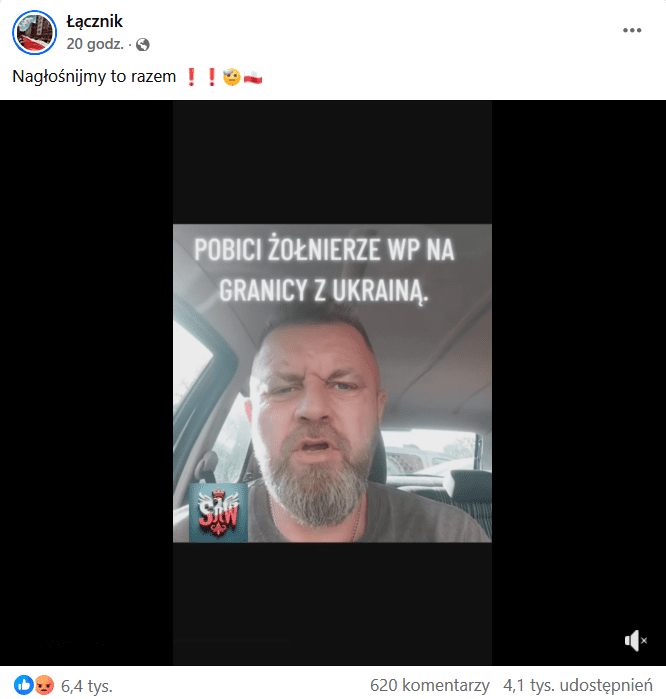 Zrzut ekranu wpisu z&nbsp;Facebooka. Podpis i&nbsp;elementy interfejsu platformy, klatka z&nbsp;filmu przedstawiająca brodatego mężczyznę w&nbsp;samochodzie.