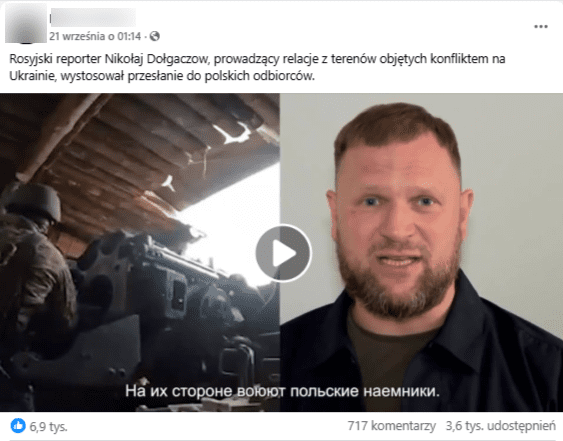Wpis na Facebooku o rosyjskim dziennikarzu. W kadrze po lewej stronie widać bunkier i sprzęt wojskowy. Po prawej stronie jest brodaty mężczyzna na szarobiałym tle