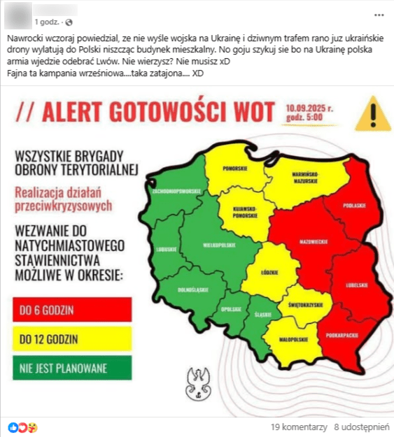 Wpis na Facebooku z informacją, że atak dronowy był ukraińską reakcją na słowa Karola Nawrockiego. Pod spodem mapa polski z obszarami, w których ogłoszono alert gotowości dla Wojsk Obrony Terytorialnej 
